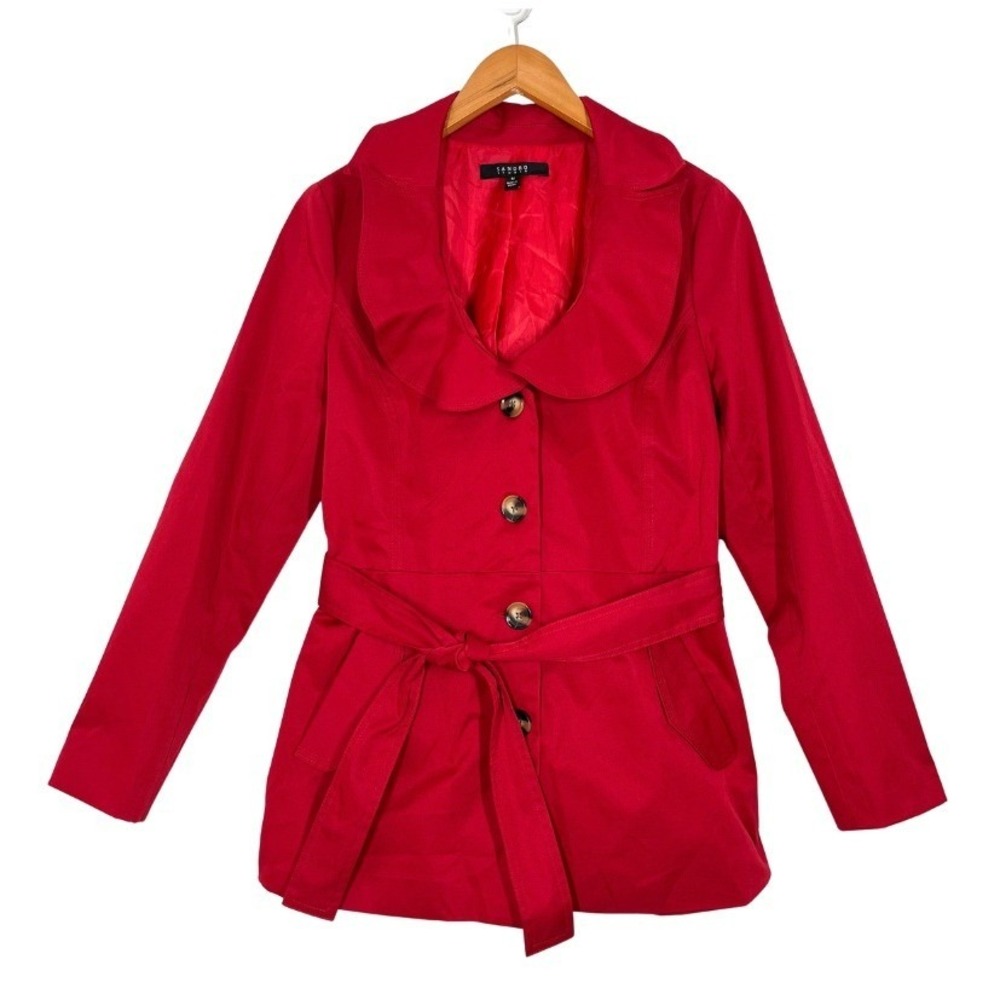 Sandro Studio Red Belted Peplum Trench Coat Ruffle Shawl Collar Size Medium